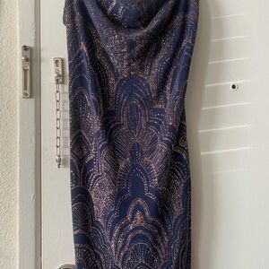 Jump Navy Blue Mini Dress with Gold Metallic Pattern